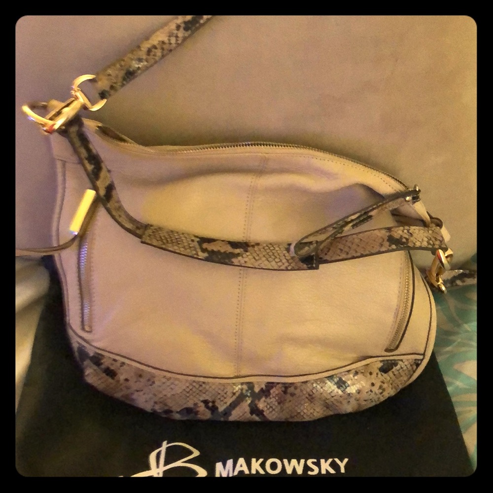 Beige Leather Hobo Bag with Snake-Print Trim